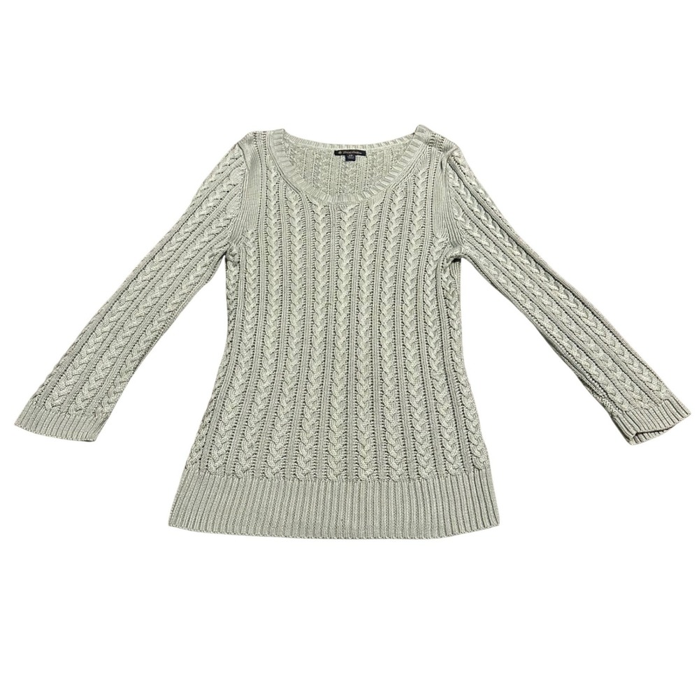 Brooks Brothers Women XS Silk Cable Knit Sweater Sage Green Scoop Neck Long Slv